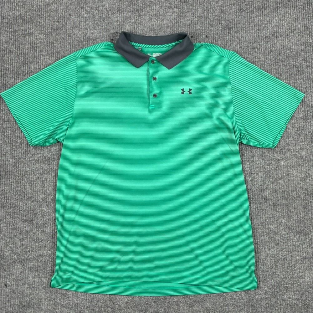 Under Armour HeatGear Mens Polo Shirt 2XL Green Striped Loose Fit Short Sleeve